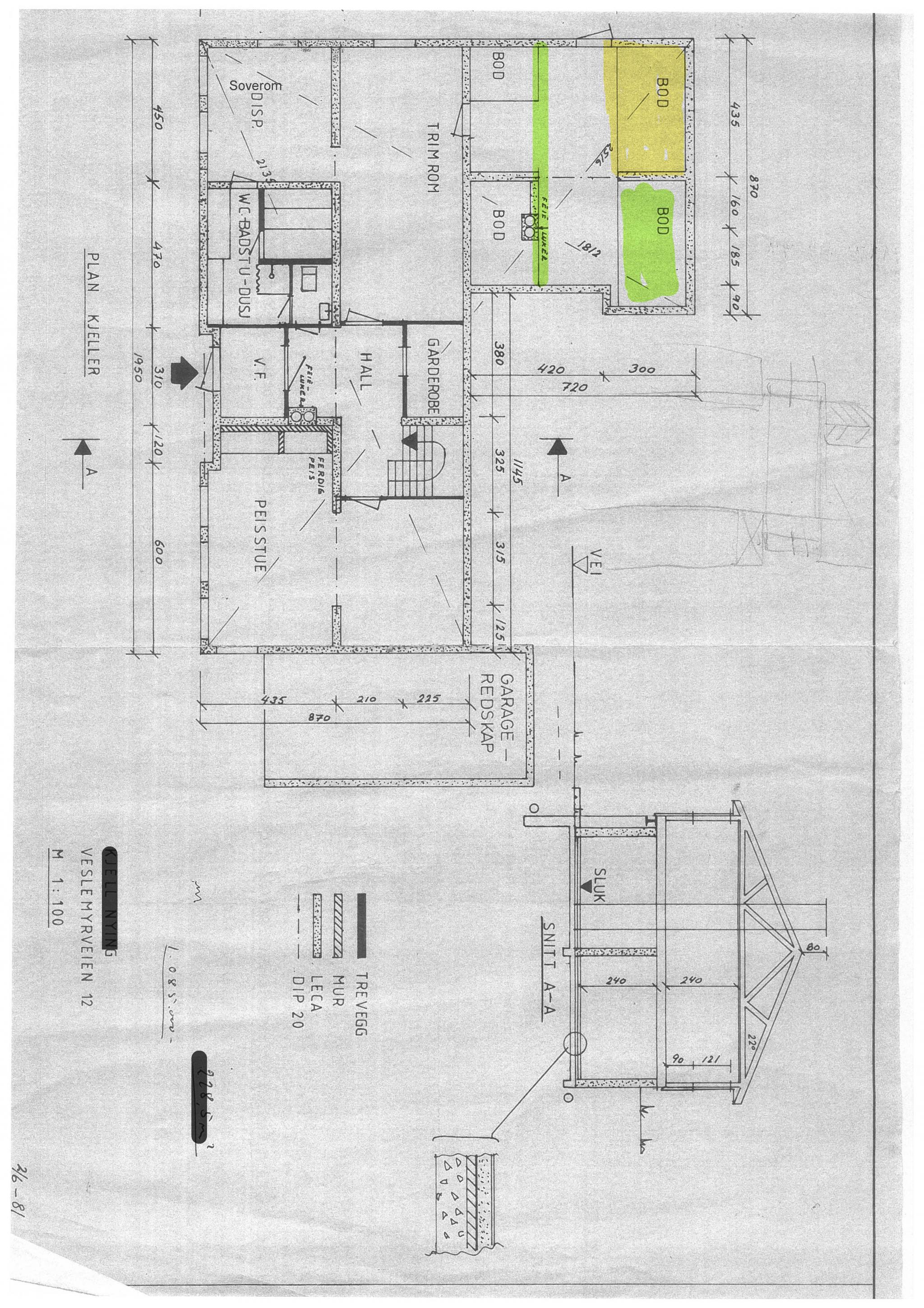 Plantegning første etasje, separat bod til hybel (gul) og eier (grønn) 